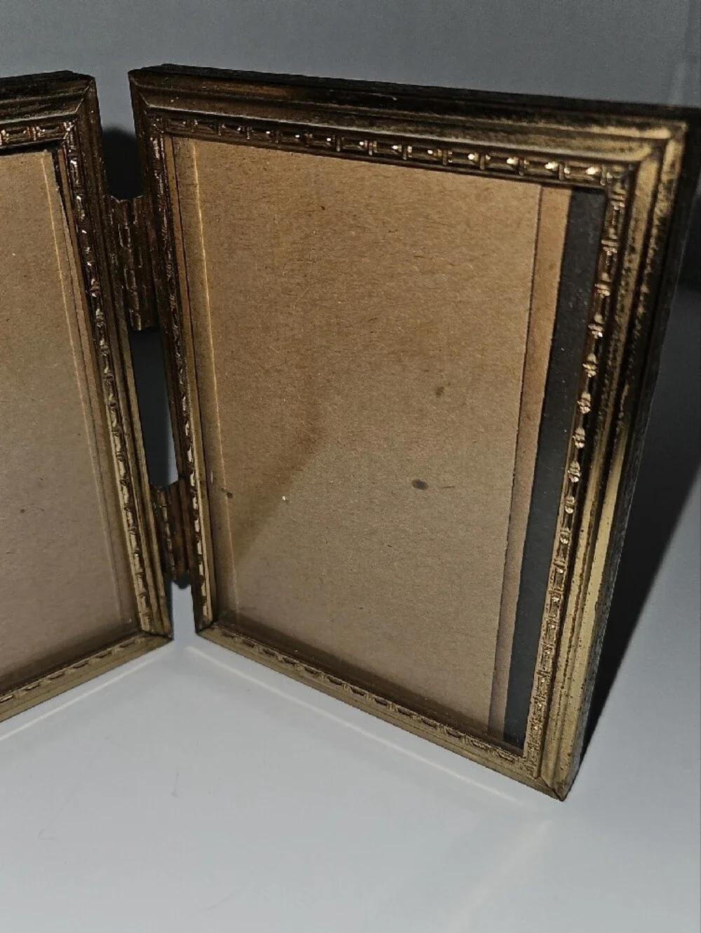Vintage MCM Double Hinged Photo Frame in Antique Gold Finish
